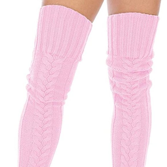 Accessories - Knee High Socks Over The Knee Chunky Cable Knit Knee Highs Pink